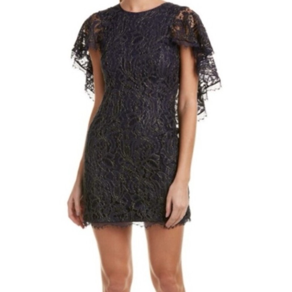Dress the Population Navy Gold Shimmer Metallic Lace Cape Mini Cocktail Navy